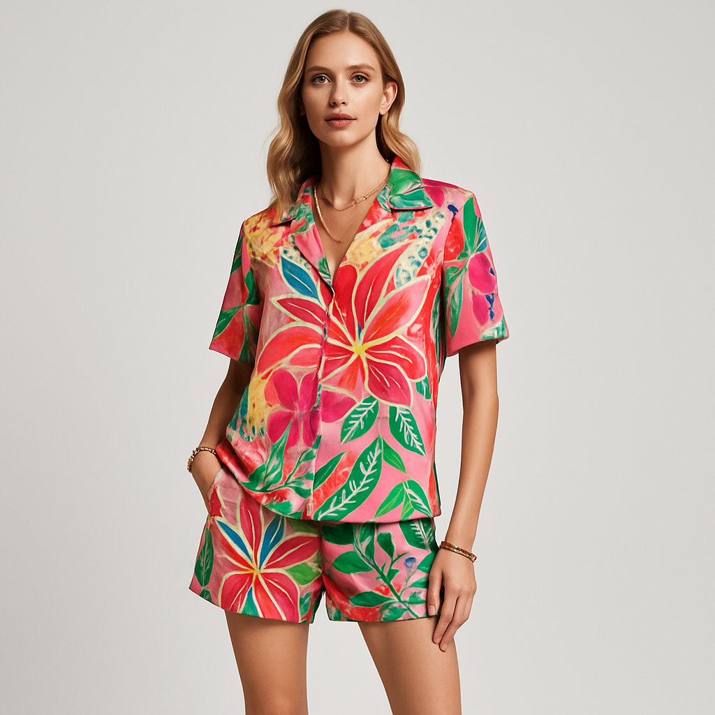 LeRoxy | Dames Set Shirt en Shorts | Lichtgewicht, Ademend | Relaxed Fit Tropische Print