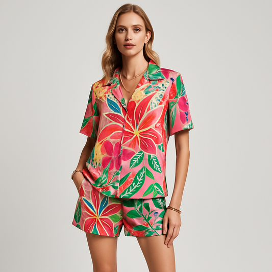 LeRoxy | Dames Set Shirt en Shorts | Lichtgewicht, Ademend | Relaxed Fit Tropische Print