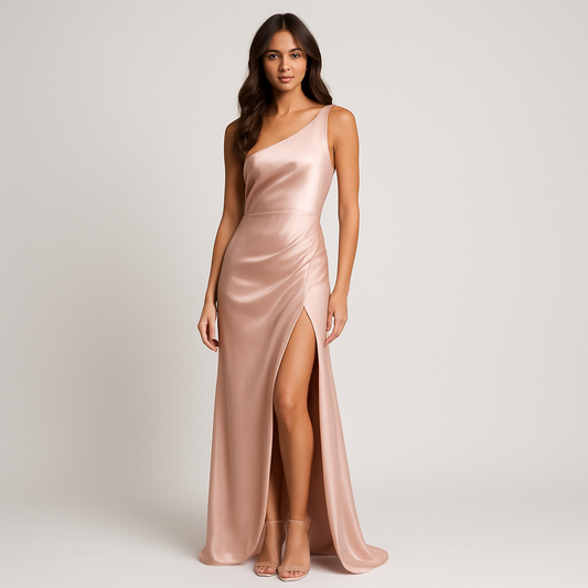 LeRoxy | Dames Avondjurk Satijn Slim Fit One-Shoulder Hoge Split Maxi Jurk