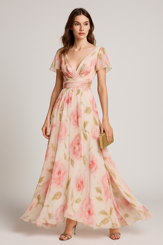 LeRoxy | Dames Maxi Jurk Chiffon | V-Hals, Flutter Mouwen, Bloemenprint | Fit & Flare