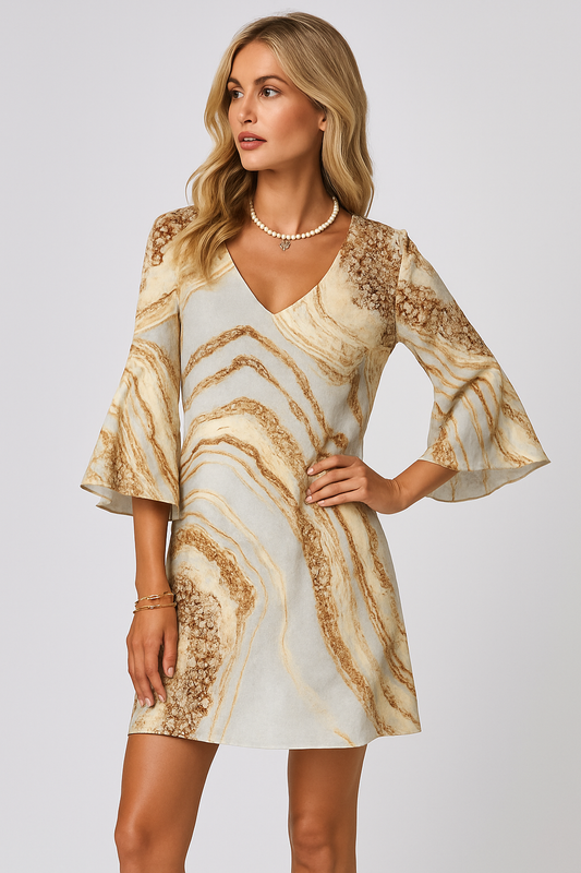 LeRoxy |  Classy Damesjurk Korte V-Hals Marmerprint