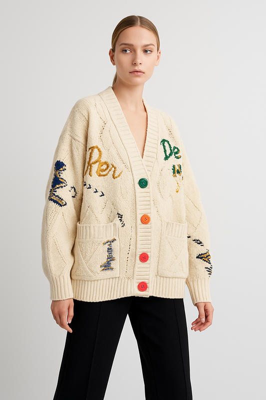 LeRoxy | Dames vest oversized | grove knit met ribboorden, steekzakken en borduursels