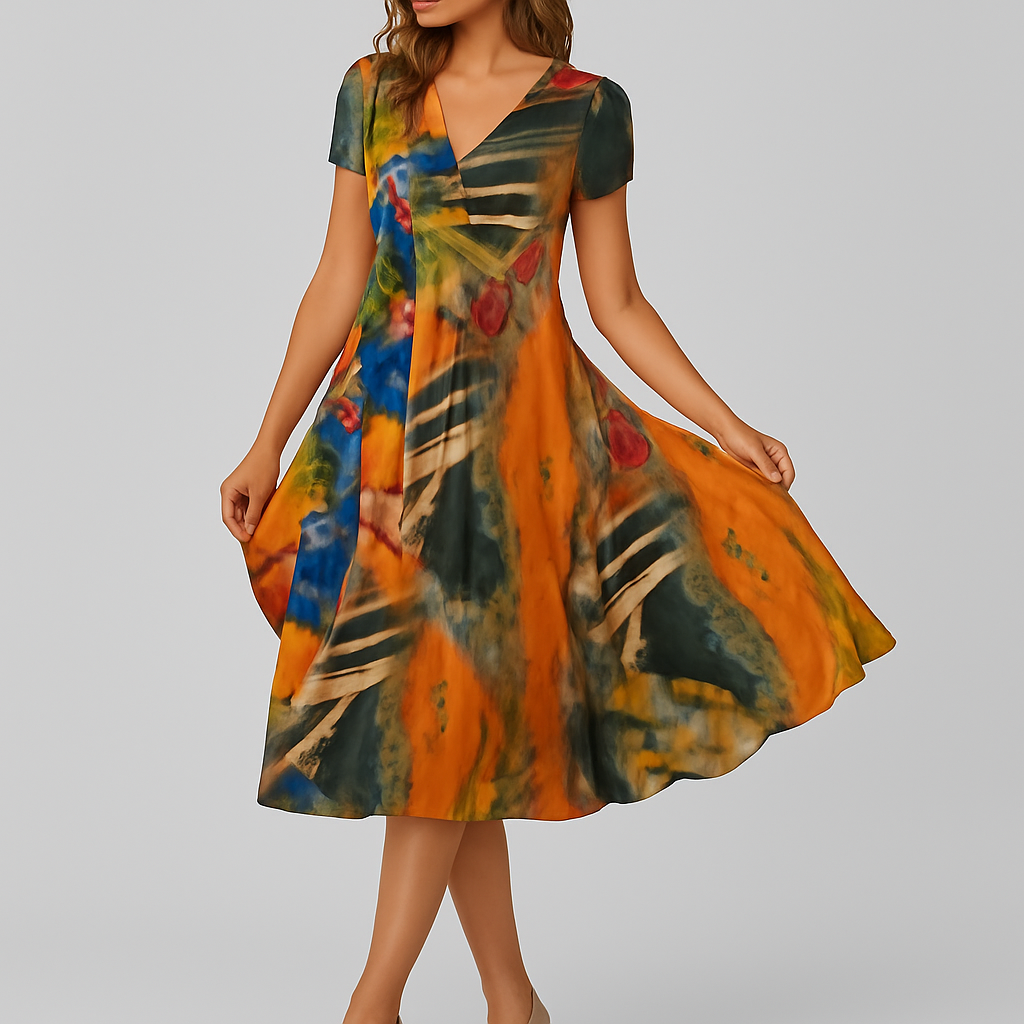 LeRoxy | Dames A-lijn Jurk met V-hals en Korte Mouwen | Comfortabel & Elegant