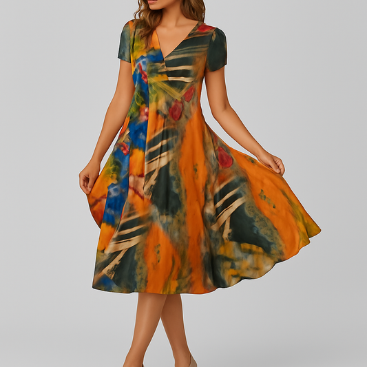LeRoxy | Dames A-lijn Jurk met V-hals en Korte Mouwen | Comfortabel & Elegant