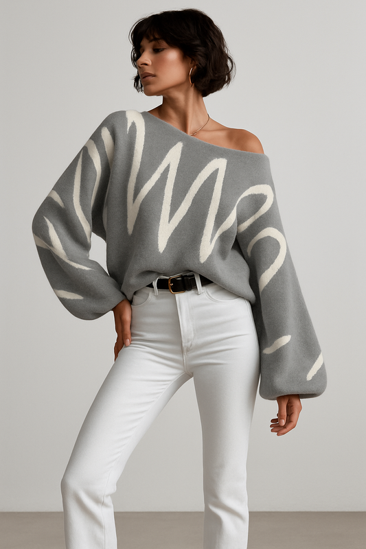 LeRoxy | Dames Gebreide Off-Shoulder Top | Relaxed Fit | Lantern Mouwen | Cropped
