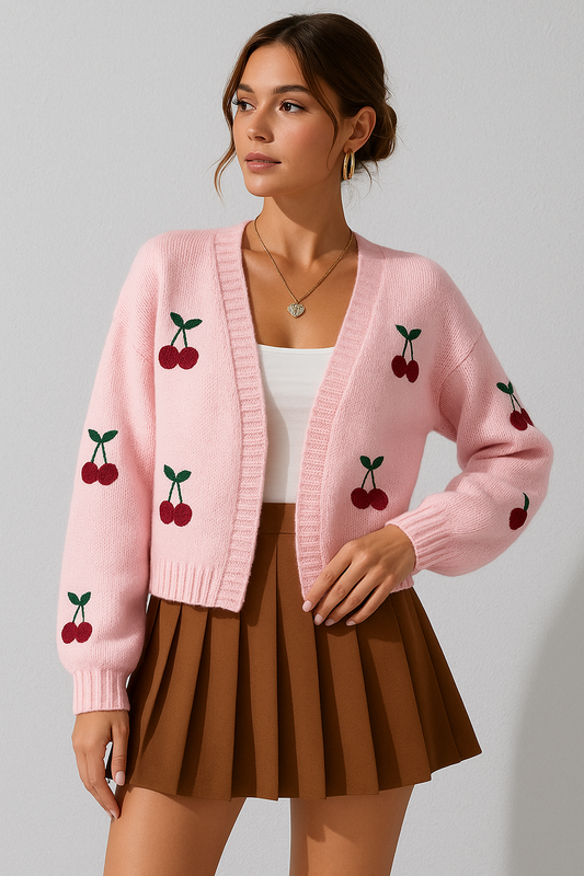 LeRoxy | Dames Vest van Merinowol en Kasjmier met Kersenprint | Licht & Zomers Cardigan