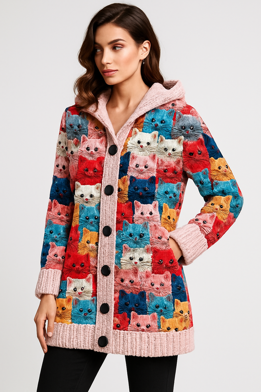 LeRoxy | Gebreide Damesjas met Knoopsluiting en Kattenprint | Comfortabel & Stijlvol
