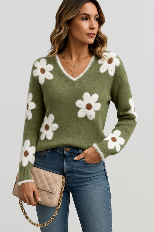 LeRoxy | Elegante Bloemen Trui met V-hals | Dames Lente & Herfst Collectie