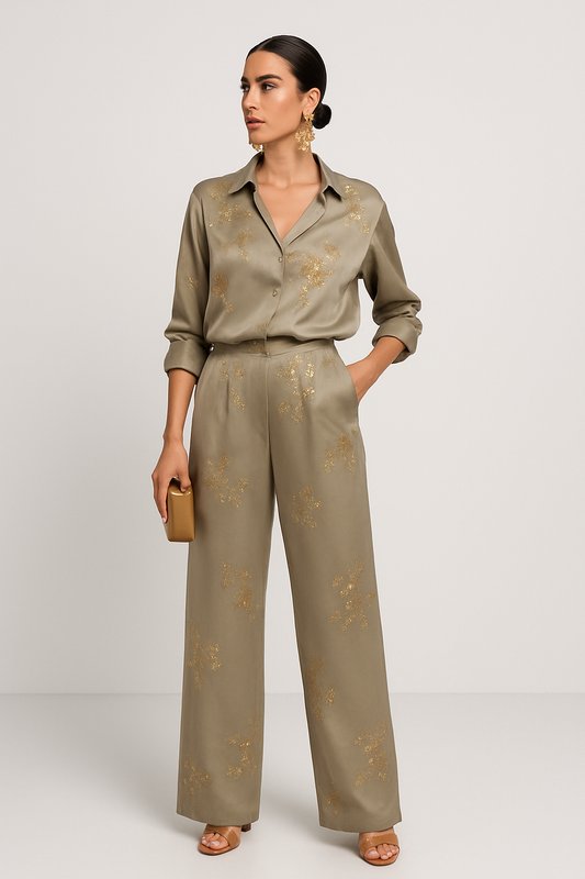 LeRoxy | Grijsbruine Geborduurde Blouse en Broek Set | Elegante Dames Outfit