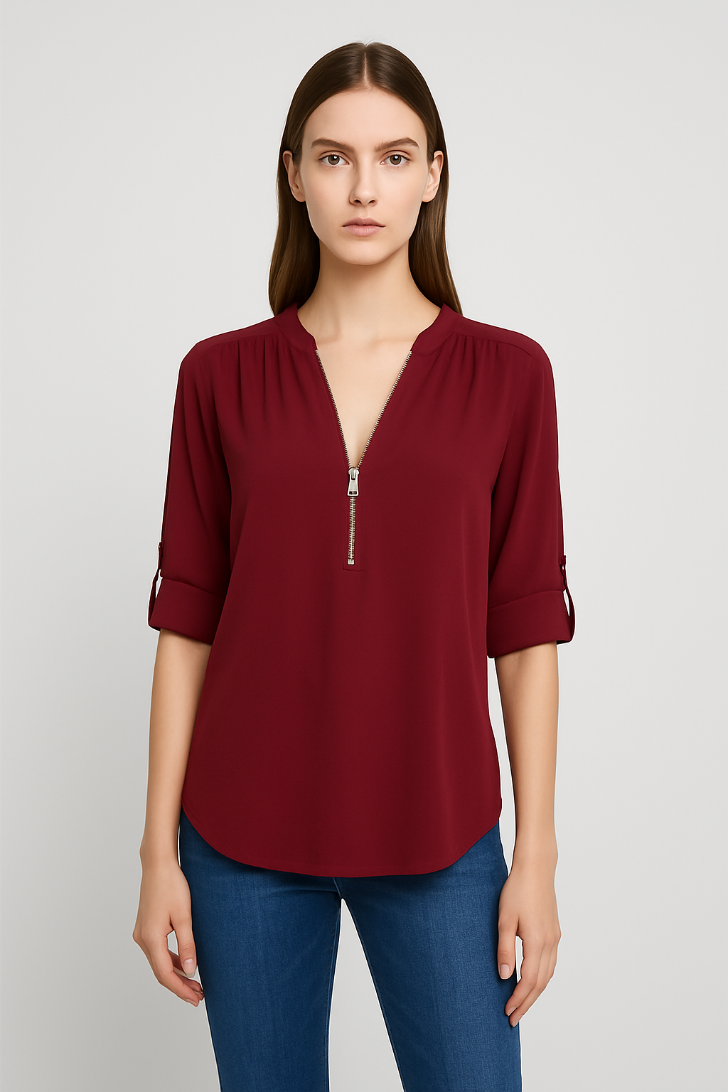 LeRoxy | V-Hals Damesblouse met Halve Rits & Oprolbare Mouwen | Casual Chic Top