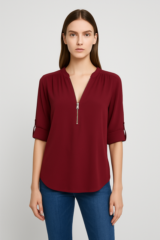 LeRoxy | V-Hals Damesblouse met Halve Rits & Oprolbare Mouwen | Casual Chic Top