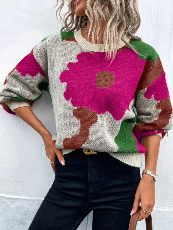 LeRoxy |Dames Gebreide Trui Wolmix met Bloemenprint | Ronde Hals, Ballonmouwen, Relaxte Pasvorm