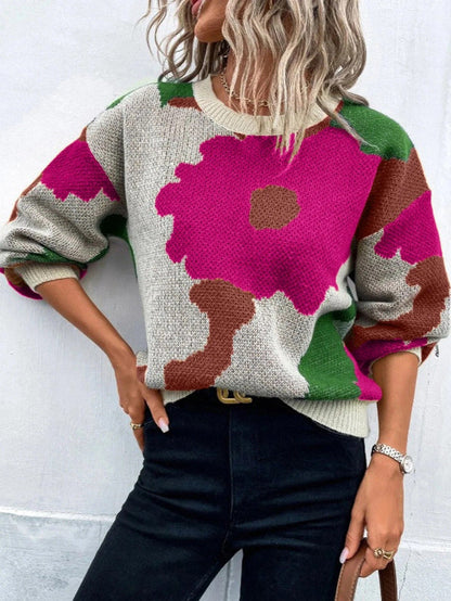 LeRoxy |Dames Gebreide Trui Wolmix met Bloemenprint | Ronde Hals, Ballonmouwen, Relaxte Pasvorm