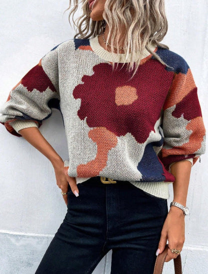 LeRoxy |Dames Gebreide Trui Wolmix met Bloemenprint | Ronde Hals, Ballonmouwen, Relaxte Pasvorm