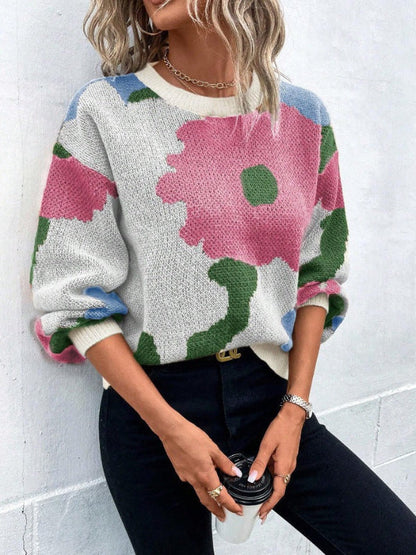 LeRoxy |Dames Gebreide Trui Wolmix met Bloemenprint | Ronde Hals, Ballonmouwen, Relaxte Pasvorm