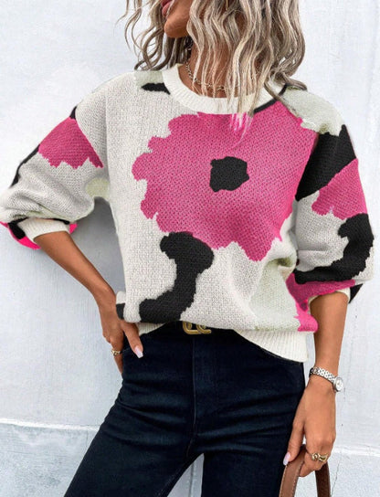 LeRoxy |Dames Gebreide Trui Wolmix met Bloemenprint | Ronde Hals, Ballonmouwen, Relaxte Pasvorm