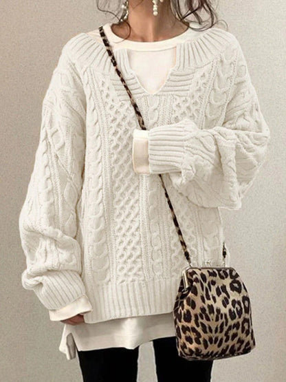 LeRoxy | Dames Oversized Trui Gebreid Wol Kabelpatroon | Ronde Hals met Inkeping