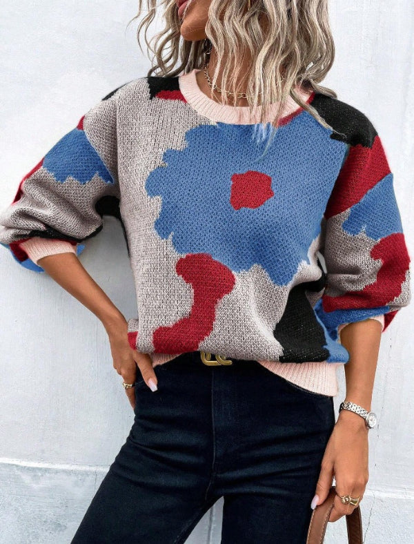 LeRoxy |Dames Gebreide Trui Wolmix met Bloemenprint | Ronde Hals, Ballonmouwen, Relaxte Pasvorm