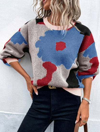 LeRoxy |Dames Gebreide Trui Wolmix met Bloemenprint | Ronde Hals, Ballonmouwen, Relaxte Pasvorm