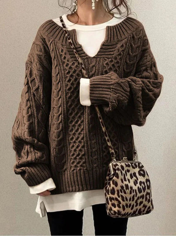 LeRoxy | Dames Oversized Trui Gebreid Wol Kabelpatroon | Ronde Hals met Inkeping