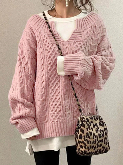 LeRoxy | Dames Oversized Trui Gebreid Wol Kabelpatroon | Ronde Hals met Inkeping