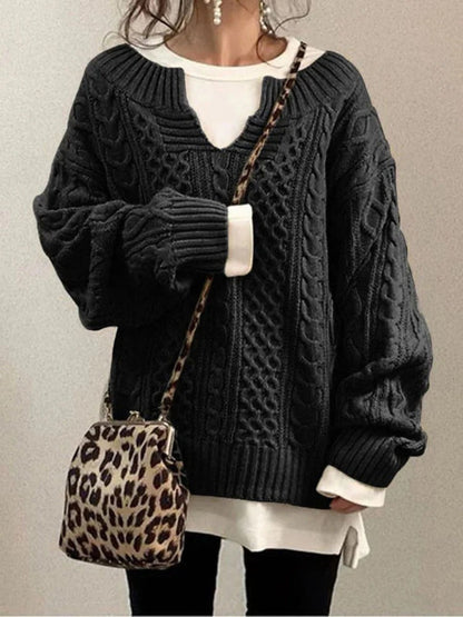 LeRoxy | Dames Oversized Trui Gebreid Wol Kabelpatroon | Ronde Hals met Inkeping