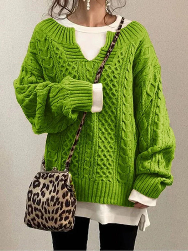 LeRoxy | Dames Oversized Trui Gebreid Wol Kabelpatroon | Ronde Hals met Inkeping