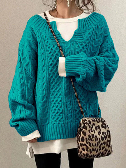 LeRoxy | Dames Oversized Trui Gebreid Wol Kabelpatroon | Ronde Hals met Inkeping