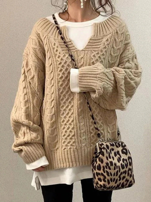 LeRoxy | Dames Oversized Trui Gebreid Wol Kabelpatroon | Ronde Hals met Inkeping