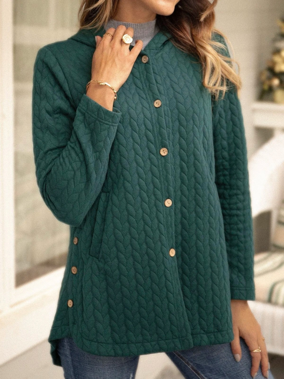 LeRoxy | Dames Sweatshirt Quilted Katoen met Capuchon en Knopen | Relaxed Fit
