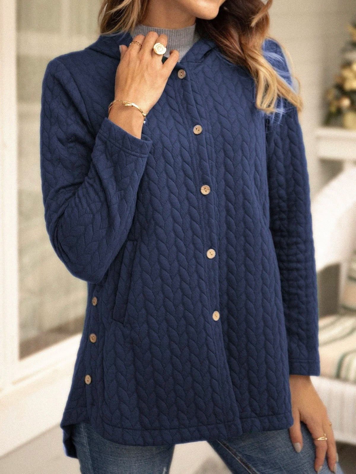 LeRoxy | Dames Sweatshirt Quilted Katoen met Capuchon en Knopen | Relaxed Fit