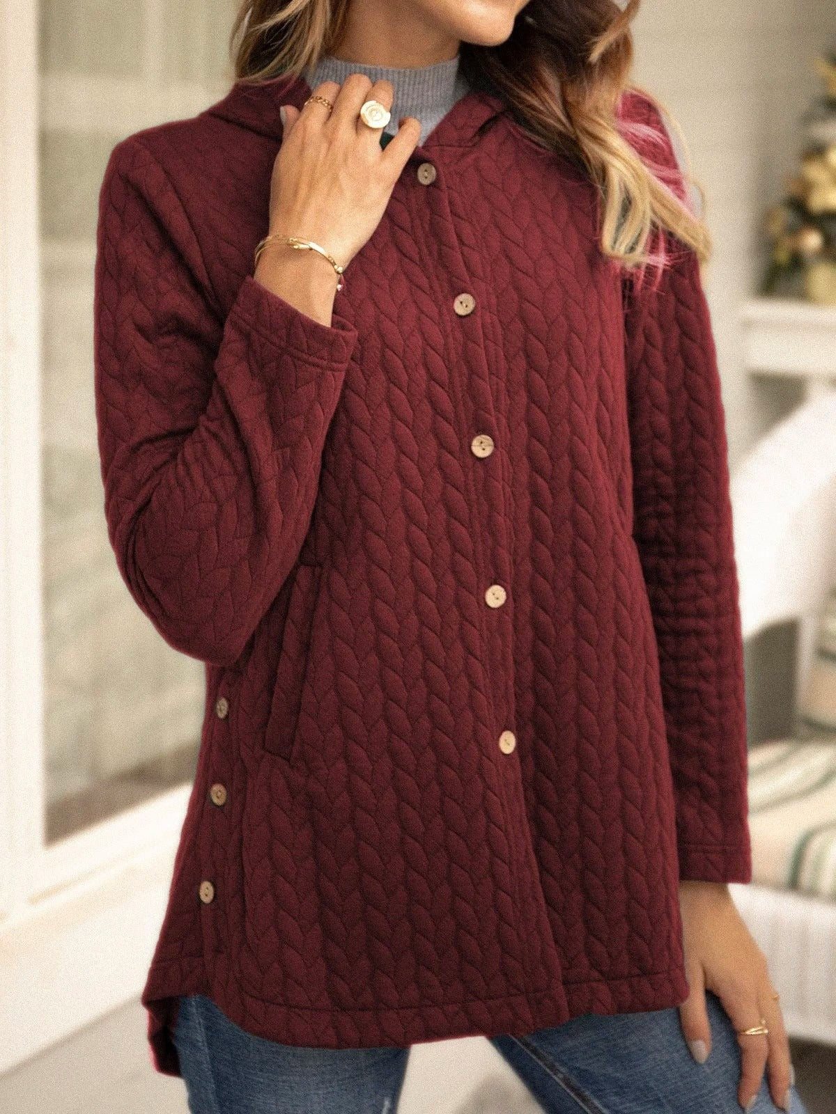 LeRoxy | Dames Sweatshirt Quilted Katoen met Capuchon en Knopen | Relaxed Fit