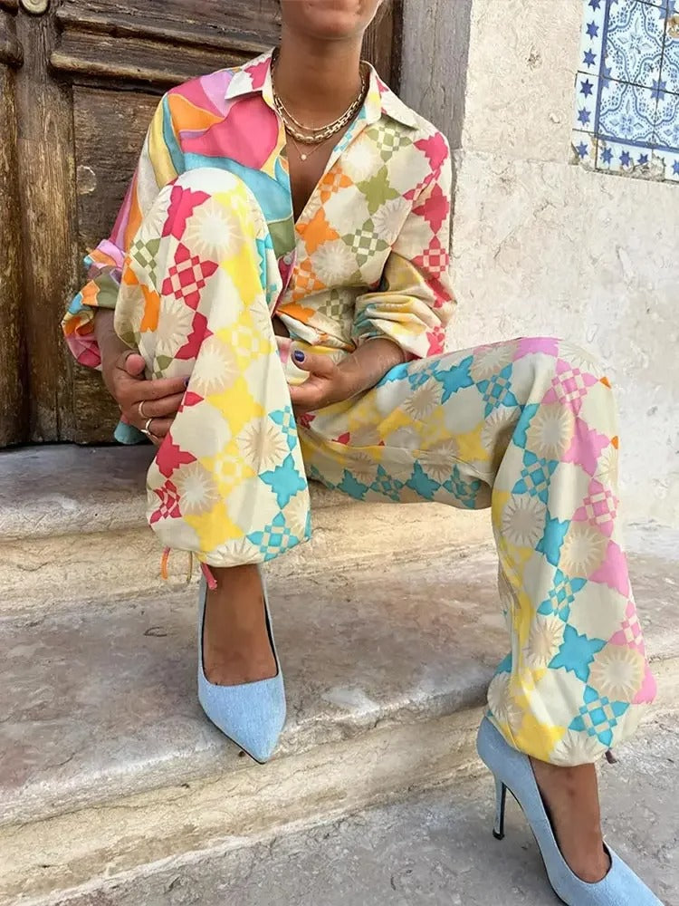 LeRoxy | Dames Jumpsuit met Geometrisch Patroon | Relaxte Pasvorm, Lange Mouwen, Ademend Materiaal