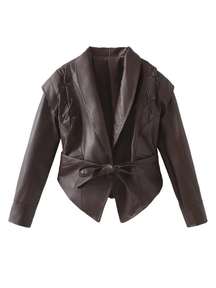 LeRoxy | Dames Leren Jas | Tailored Fit met Sjaalkraag, Ceintuur en Vetersluiting op Schouders
