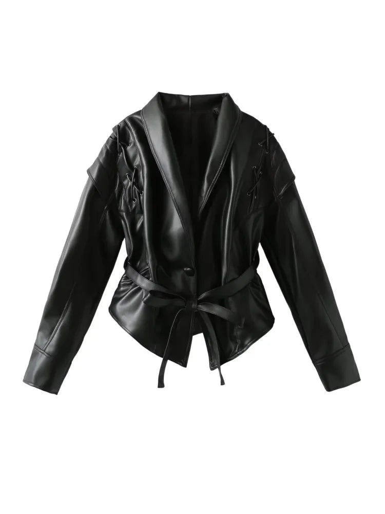 LeRoxy | Dames Leren Jas | Tailored Fit met Sjaalkraag, Ceintuur en Vetersluiting op Schouders