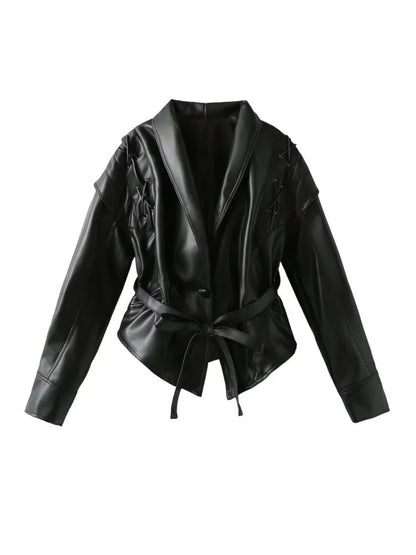 LeRoxy | Dames Leren Jas | Tailored Fit met Sjaalkraag, Ceintuur en Vetersluiting op Schouders