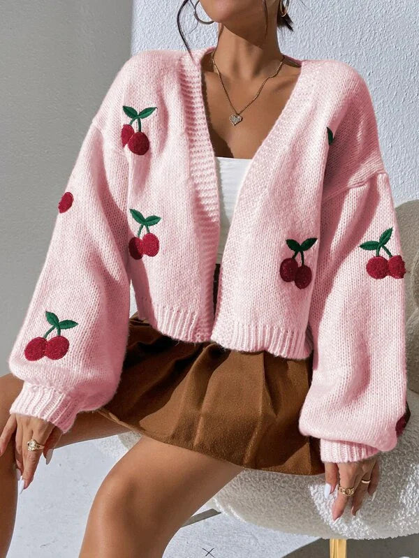 LeRoxy | Dames Vest van Merinowol en Kasjmier met Kersenprint | Licht & Zomers Cardigan