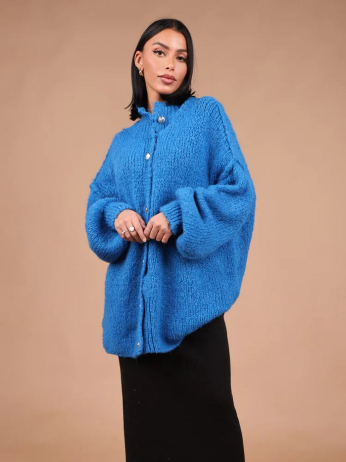 LeRoxy | Oversized Gebreid Damesvest | Cardigan met Gouden Knopen | Beige Designerstijl