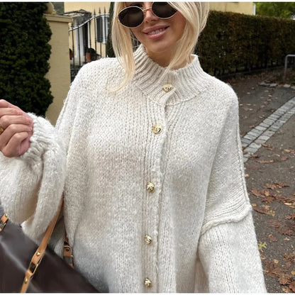 LeRoxy | Oversized Gebreid Damesvest | Cardigan met Gouden Knopen | Beige Designerstijl
